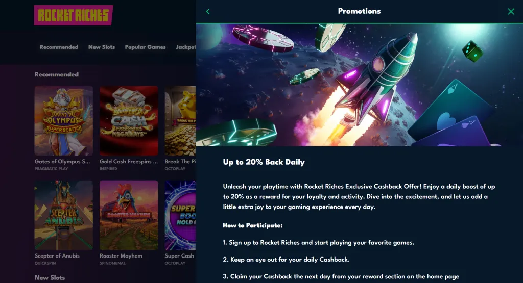 Rocket Riches Casino promotion offering up to 20% cashback daily for loyal players, with details on how to participate by signing up, playing games, and claiming cashback the following day.