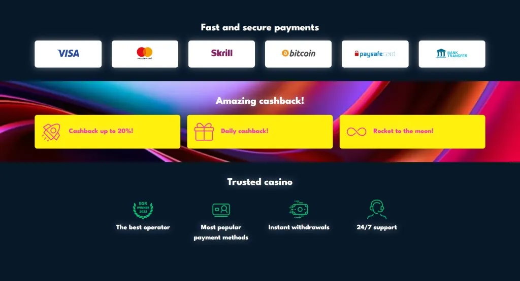 Rocket Riches Casino payment methods, including Visa, Mastercard, Skrill, Bitcoin, Paysafecard, and Bank Transfer, along with a cashback offer of up to 20% and daily cashback.