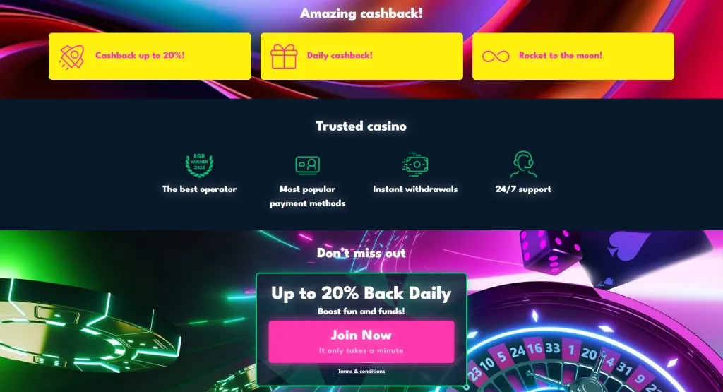 Rocket Riches casino promotion offering up to 20% cashback daily with a bright, futuristic design showcasing vibrant colors, a roulette wheel, and various casino elements.