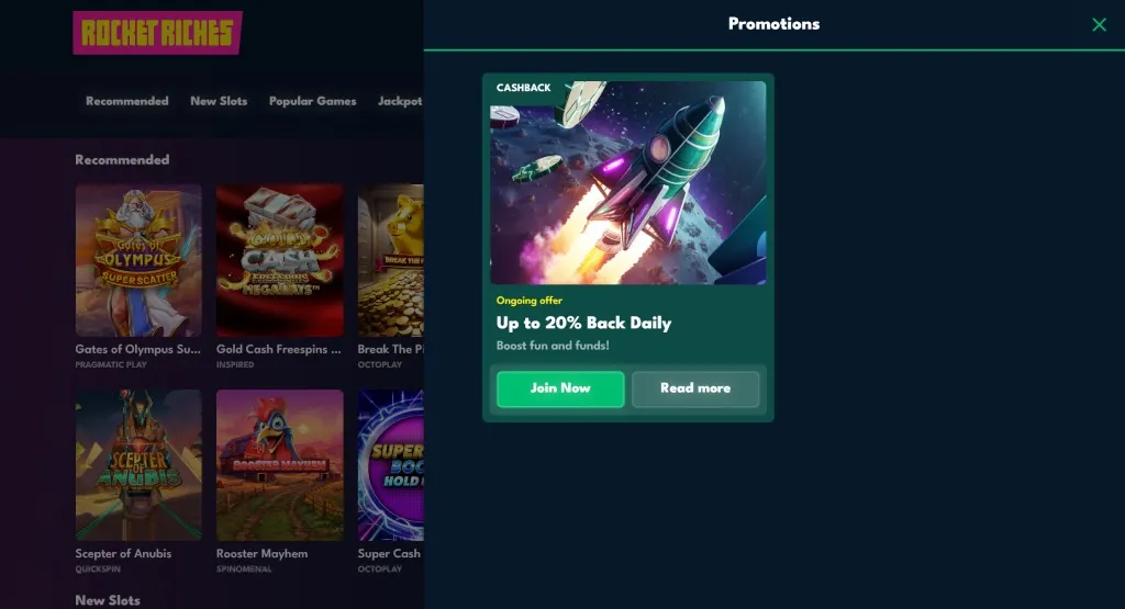 Rocket Riches promotion featuring up to 20% cashback daily with a vibrant space-themed graphic, including a rocket ship and floating casino elements.