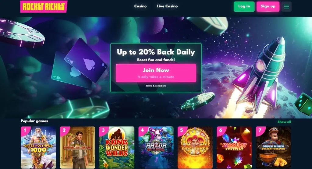 Rocket Riches Casino homepage featuring a promotion for up to 20% cashback daily and popular games like Gates of Olympus 1000x, Book of Dead, Kong Wonder Wilds, and Razor Returns.