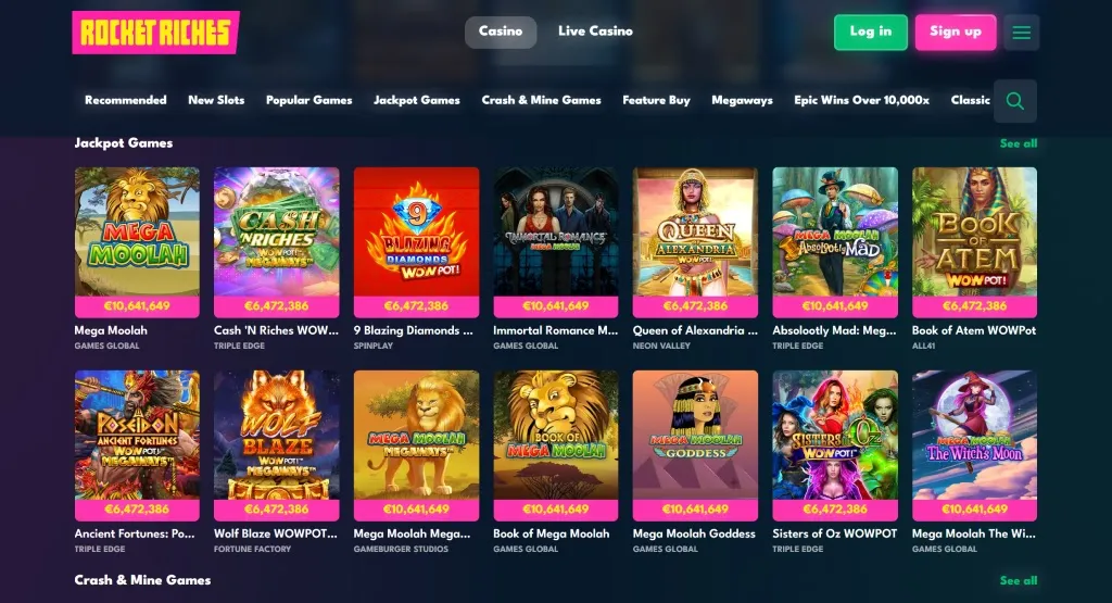 Jackpot games section on Rocket Riches featuring popular titles like Mega Moolah, Cash 'N' Riches, and Sisters of Oz, showing progressive jackpots with large prize amounts.