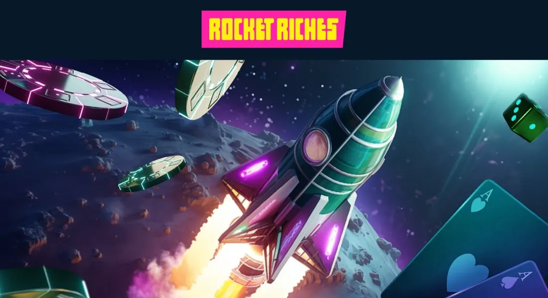 Rocket Riches logo with a space theme, featuring a rocket ship flying through space with glowing playing cards and casino chips.