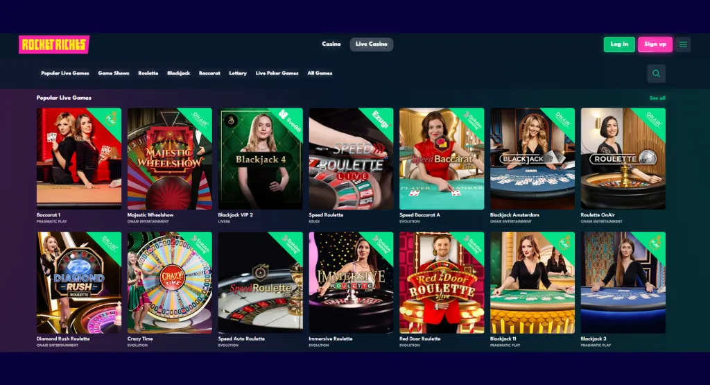 Live dealer casino games including roulette and blackjack.