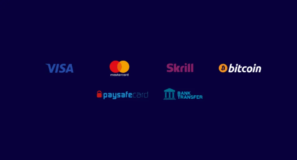 Various payment methods including Visa and Bitcoin.