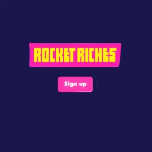 Pink and yellow Rocket Riches registration logo.