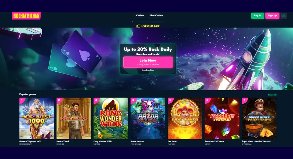 Rocket Riches homepage showing banner and top games.