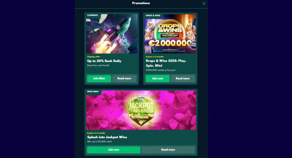 Rocket Riches promotions including cashback and jackpot offers.
