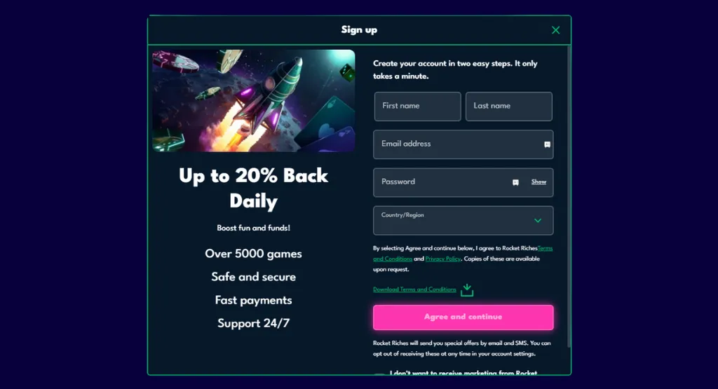 Rocket Riches sign-up form with account details fields.