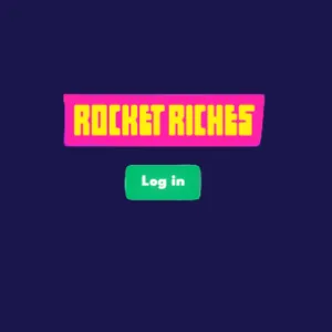 Rocket Riches logo with green Log in button.