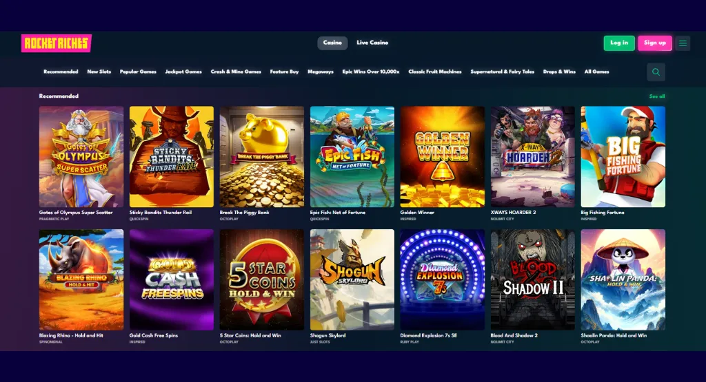 Recommended slot games displayed on Rocket Riches.