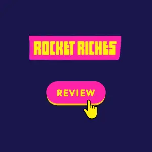 Rocket Riches game logo with a 'Review' button and a yellow hand click icon on a dark purple background.