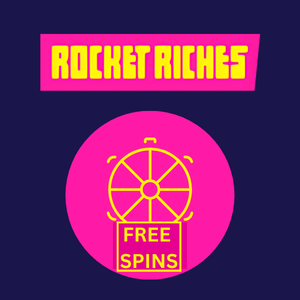 Rocket Riches free spins icon featuring a bright pink and yellow spinning wheel labeled 'Free Spins' below the game logo.