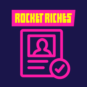 Rocket Riches profile verification step displaying a user profile icon with a confirmation checkmark.