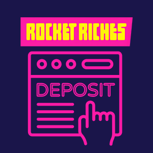 Rocket Riches deposit step showing a hand clicking on a webpage with the word 'DEPOSIT' highlighted in pink.