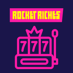 Rocket Riches gameplay step illustrated with a glowing pink slot machine showing triple 7 symbols and a crown.