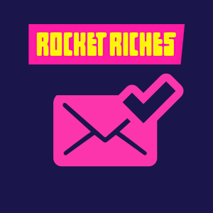 Rocket Riches email verification icon, showing an envelope with a checkmark to confirm successful email registration.