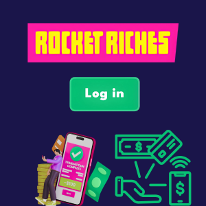 Rocket Riches log in button with a green color and icons representing transaction concepts, including mobile payments and financial symbols.
