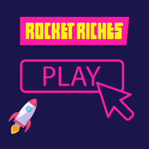 Rocket Riches play button, featuring a large pink 'PLAY' text with a rocket and cursor icon, encouraging users to start playing.