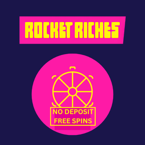 Rocket Riches no deposit free spins icon showing a bright pink and yellow spinning wheel labeled 'No Deposit Free Spins' below the game logo.