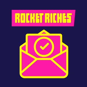 Rocket Riches email confirmation step with an envelope icon and a checkmark indicating successful registration or verification.