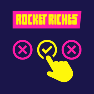 Rocket Riches bonus selection step with a hand clicking on a checkmark option from a list of choices marked with Xs and a tick.