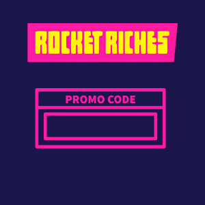 Rocket Riches promo code input graphic featuring a pink text box labeled 'PROMO CODE' below the game’s neon logo.