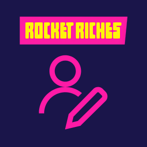 Rocket Riches step showing a user icon with a pencil, indicating account creation or profile registration.