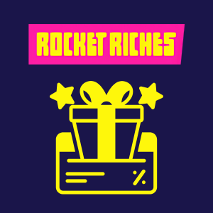 Rocket Riches step featuring a yellow gift box with stars, representing the bonus reward available after entering a promo code.