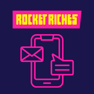 Rocket Riches step with a smartphone icon, an email envelope, and a chat bubble, illustrating verification or communication via mobile.