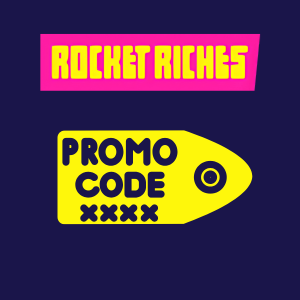 Rocket Riches step with a yellow promo code tag labeled 'PROMO CODE XXXX,' showing where to enter a promotional code.