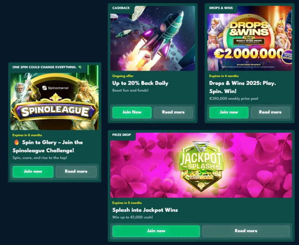 Promotions list on Rocket Riches featuring Spinoleague Challenge, up to 20% daily cashback, Drops & Wins with a €2,000,000 prize pool, and Jackpot Splash prize drop with €1,000 cash prizes.