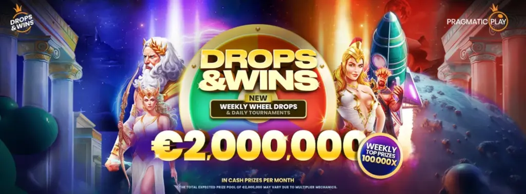 Promotional banner for Drops & Wins 2025 by Pragmatic Play, featuring epic characters, a glowing prize wheel, and a €2,000,000 monthly cash prize pool with weekly top prizes up to 100,000x.