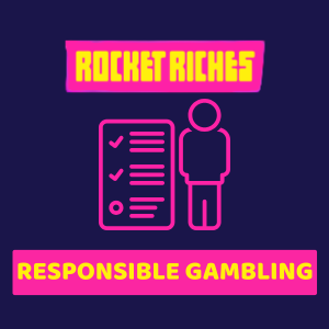 Rocket Riches Responsible Gambling graphic featuring a checklist and a person icon in neon colors.