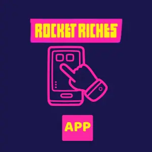 Rocket Riches Casino app icon with a pink hand tapping a smartphone on a dark blue background.