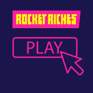 Rocket Riches Casino icon with a pink “Play” button and cursor, symbolizing starting to play casino games.
