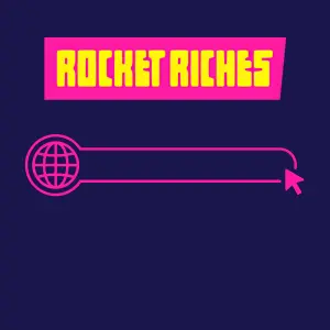 Rocket Riches Casino icon with a pink address bar and globe symbol, representing visiting the website to play.