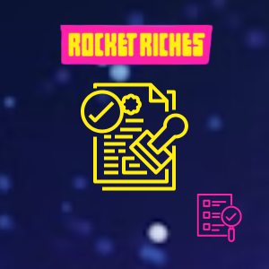 Rocket Riches document with checkmark and gear icon