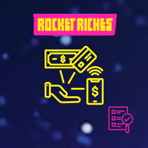 Rocket Riches payment methods with money, card, and phone icons