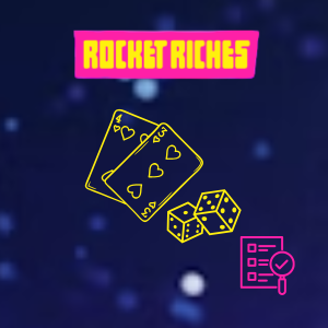 Rocket Riches playing cards and dice with checklist icon.