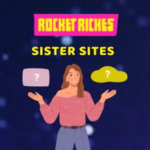 Rocket Riches woman with question marks representing sister sites.
