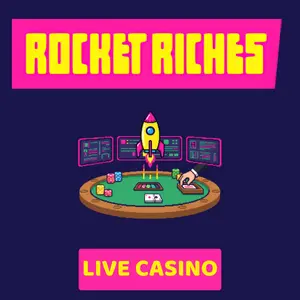Cartoonish image of a rocket above a casino table with cards and chips, and digital screens displaying data in the background with Rocket Riches Casino logo.