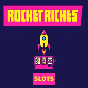 Rocket Riches Casino logo with a rocket and slot machine graphic on a purple background.